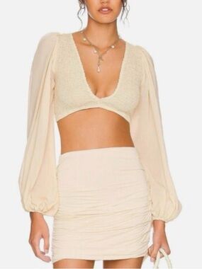 Indah Biru Ruched Bodice Crop Top + Cori Solid Gathered Seamless Skirt Set Small